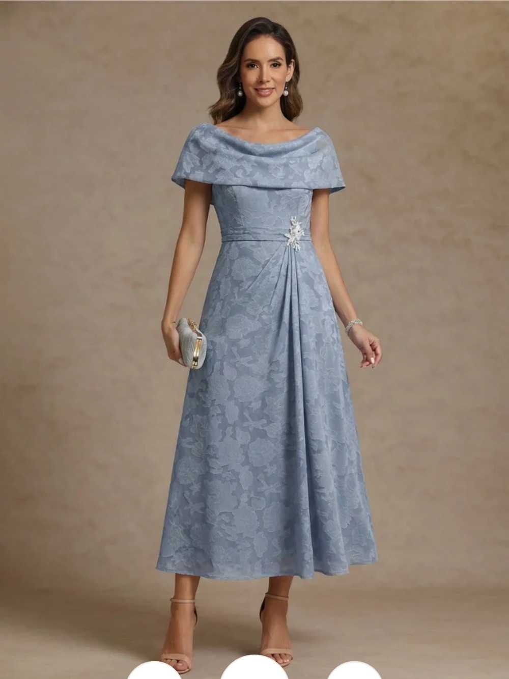 Off-Shoulder Light Blue Midi Dress with Draped Waist Detail